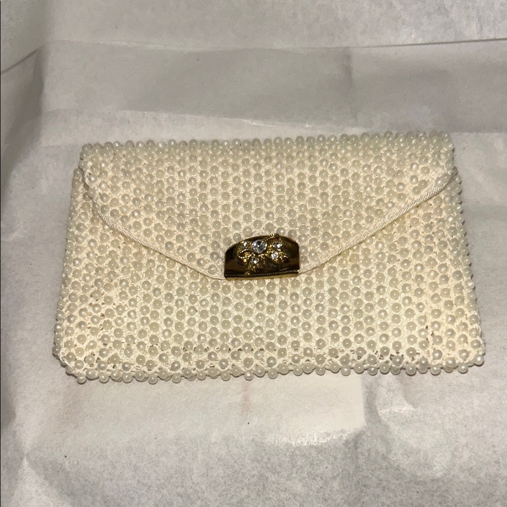 Vintage 1950s–60s Cream Beaded Coin Purse Rhinestone Gold Bow Evening Bag